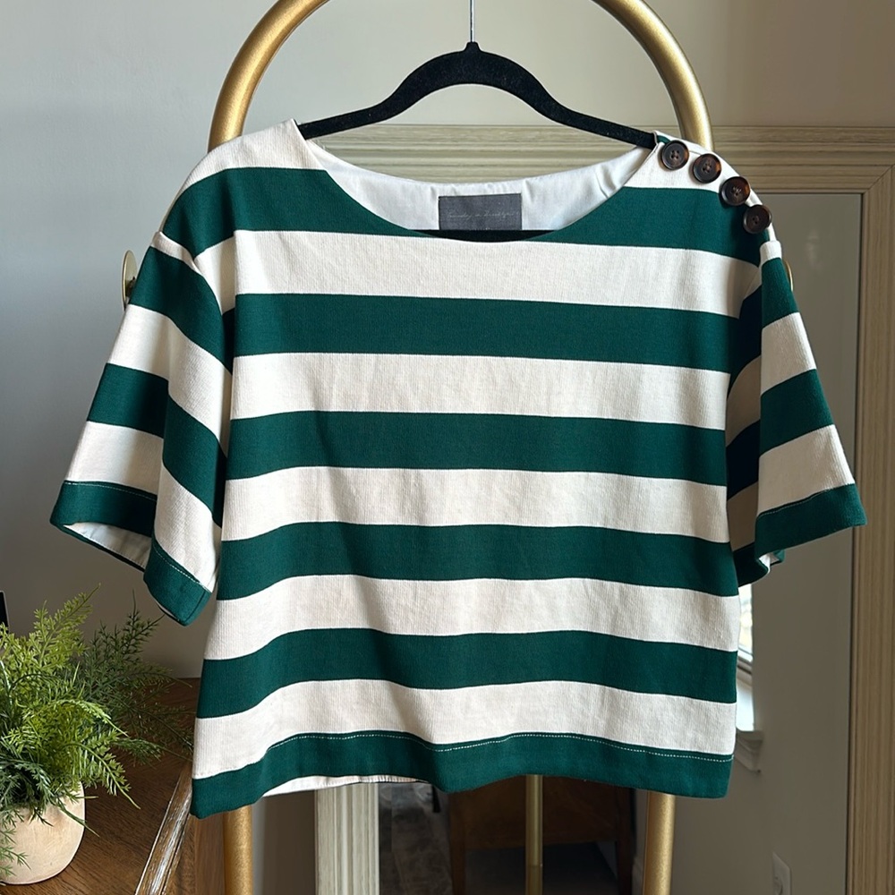 Sunday in Brooklyn Forest Green and Cream Striped Blouse